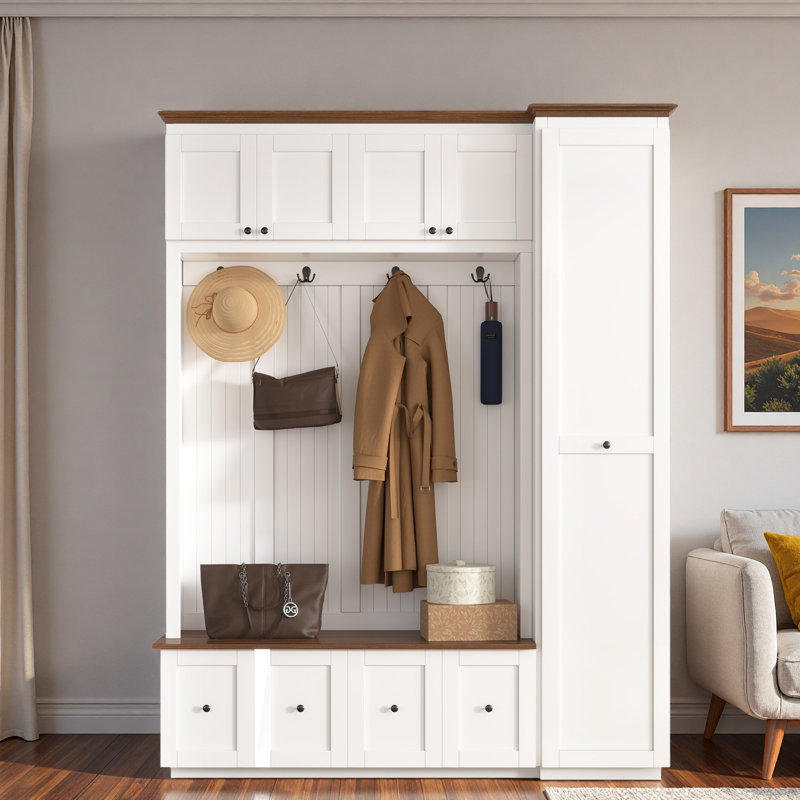 5-in-1 Hall Tree With Bench, Coat Rack, Drawers, Cabinets And Extra-large Side Storage Space, White