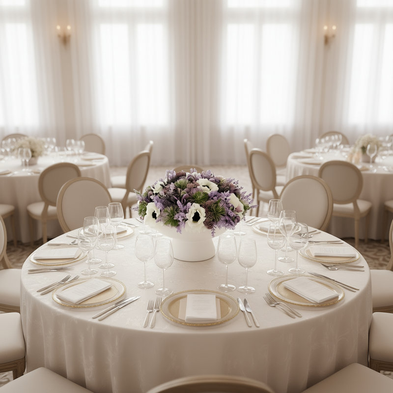 Centre de table anémone avec chardon et baies, Vase rond à piédestal (grand)