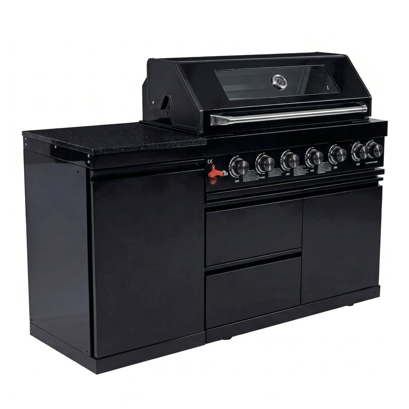 Îlot de cuisine de luxe avec barbecue au propane à 6 brûleurs 85 000 BTU, comptoirs en marbre