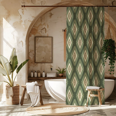 Green Ikat Boho Pattern Shower Curtain