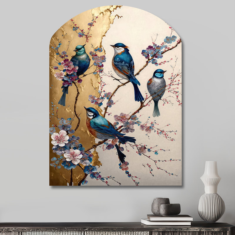 Multicolore oiseaux sur prunier en fleurs II - oiseau, art mural asymétrique en métal, arche moderne, H 34 po x l 25 po