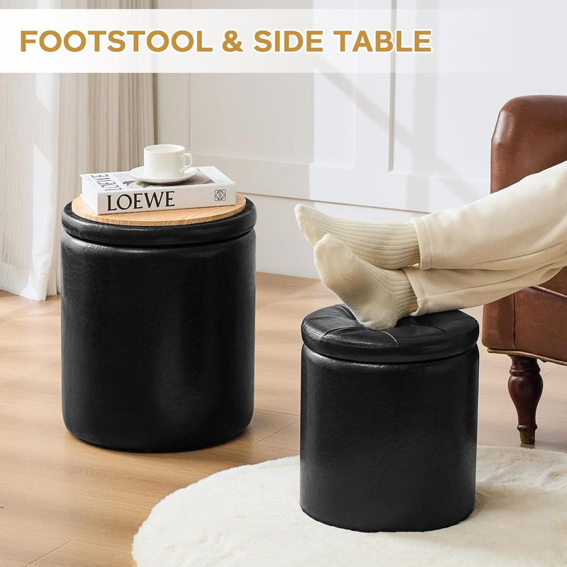 Repose-pieds en cuir avec repose-pieds rond et rangement pour le salon