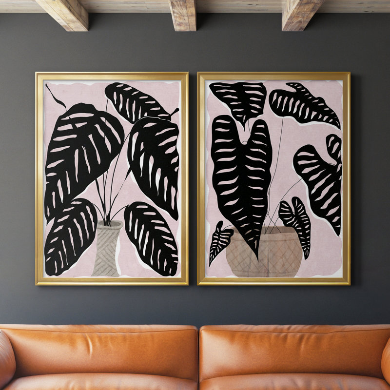 Plante en pot I - ensemble de 2 peintures sur toiles, Gold Framed Canvas, H 26,5 po x l 73 po x P 1,5 po