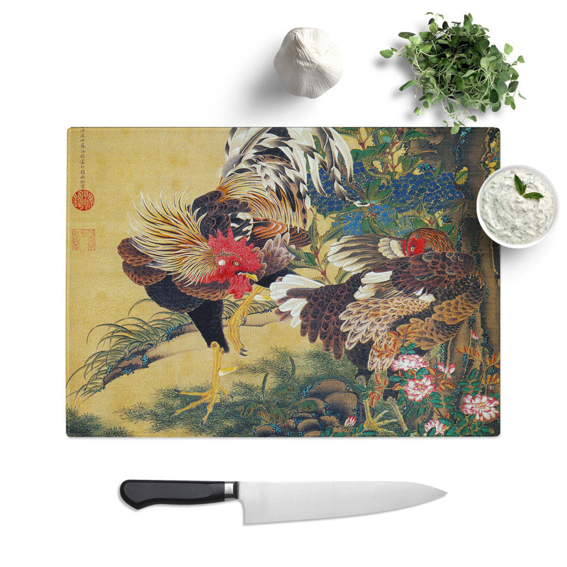 Tempered Glass Two Roosters by Ito Jakuchu Cutting Board, 39 cm W x 28.5 cm L