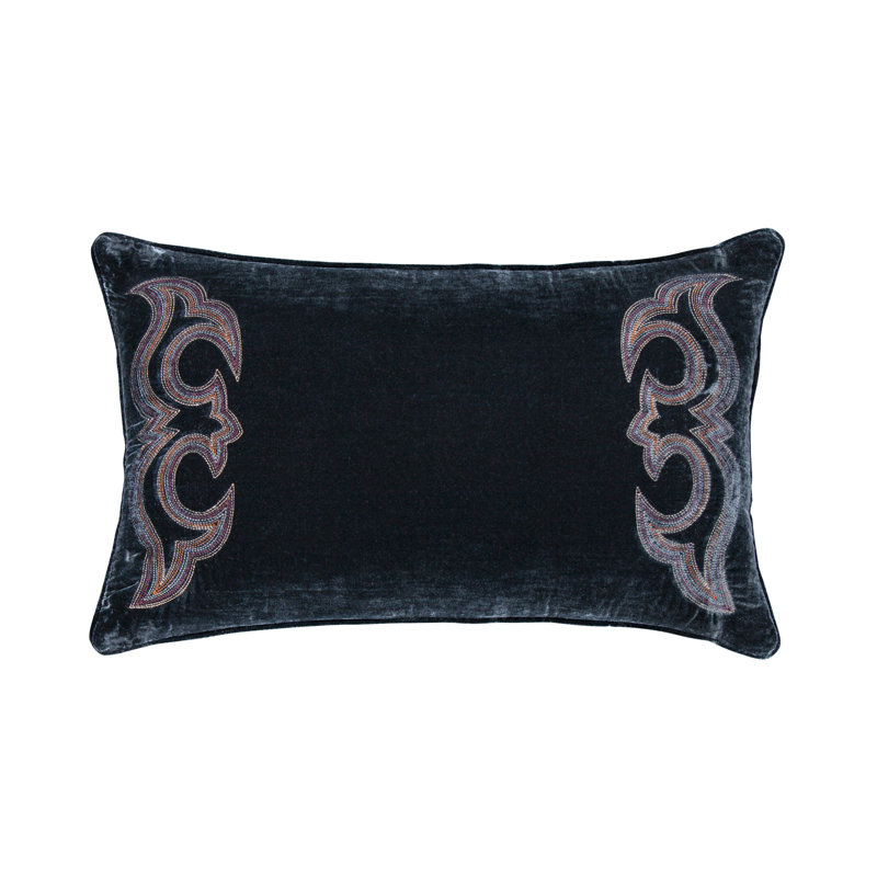 Stella Faux Silk Velvet Boot Stitch Romantic Western Decorative Pillow, Midnight Blue Floral, Rectangle