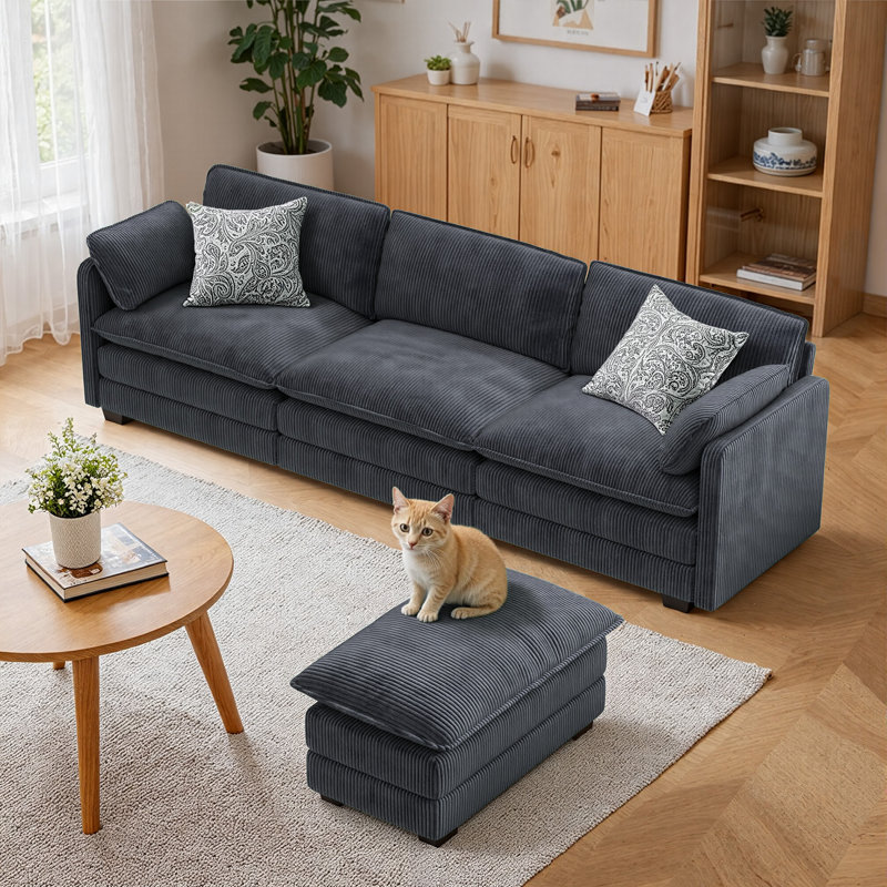 110.2" L Shaped Couch Modular Cloud  Sectional Sofa with Freely Combinable Ottomans,2 Pillows Lantern-Wick Corduroy Deep Seat Sofa Bed for Modern Living Room