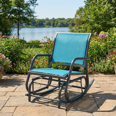 Fauteuil oscillant en acier avec accoudoirs courbés, fauteuil oscillant d'extérieur pour porche, jardin, bord de piscine, balcon
