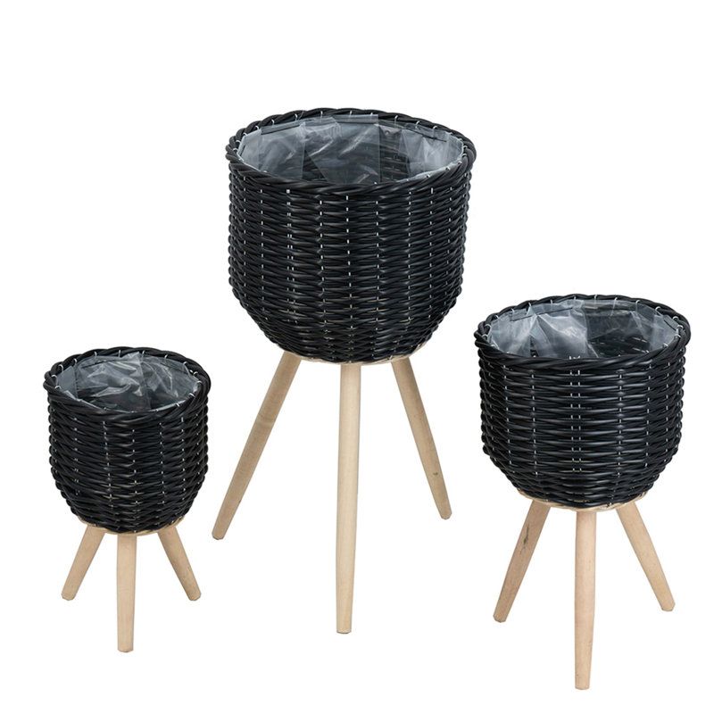 Set Of 3 Poly Rattan Baskets With Rope Texture And Tapered Wooden Legs, L:12X12x23.5" M:10X10x17.5" S:8X8x13.5", Black