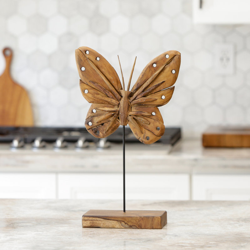 Papillon en teck érodé sur pied - 20 po, H 18 po x l 5 po x P 11,5 po