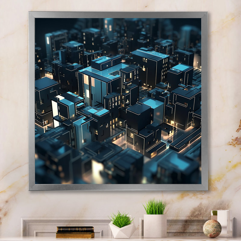 «Cityscape future architecture turquoise» sur toile, H 24 po x l 24 po x P 1 po, Cadre simple argenté