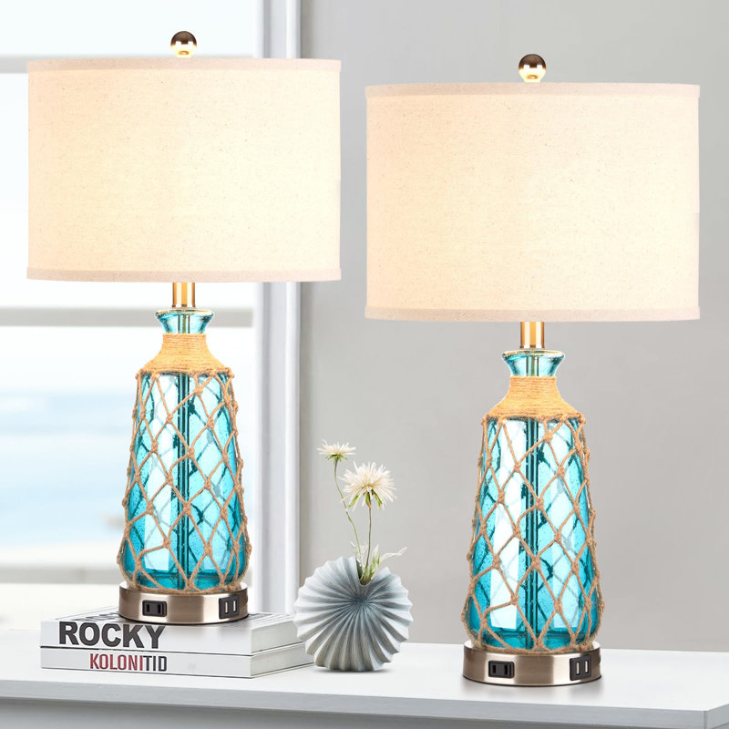 Turquoise Blue Bubble Glass Table Lamps with Beige Linen Shade, Set of 2