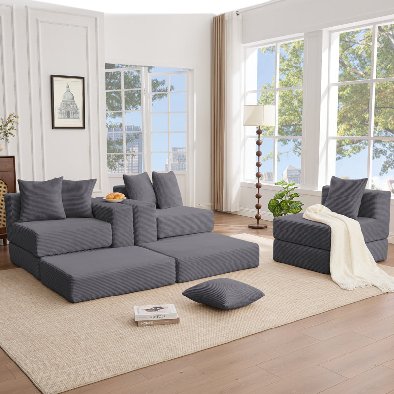 [VIDÉO FOURNIE] Canapé modulaire convertible 10 en 1, canapé d'angle, canapé convertible au sol, velours côtelé, poche latérale, sans assemblage, bricolage, canapé modulaire en forme de L, 6 coussins, gris foncé