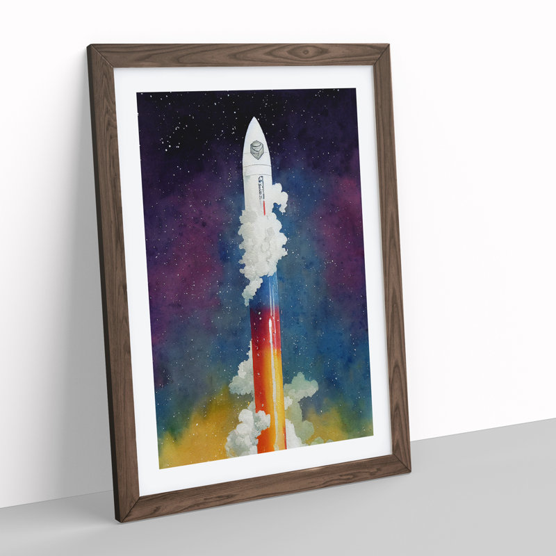 A Fascinating Spaceship Rocket - Wall Art, 64cm H x 46cm W x 2cm D, Walnut  Framed, White