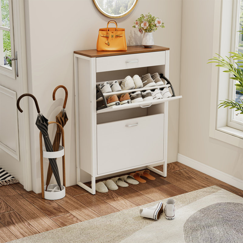 Armoire à chaussures mince avec 2 tiroirs rabattables et 1 tiroir, Blanc ancien