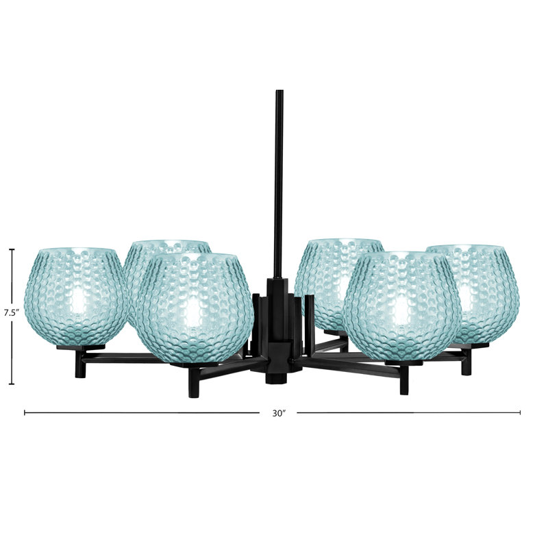 Lustre 6 lumières Mariko avec verre texturé turquoise 6 po, Sarcelle, Noir mat