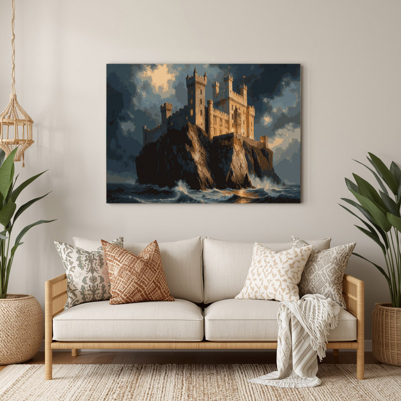 Art mural noir Sci Fi, château médiéval sur une falaise, H 132 po x l 168 po x P 0,05 po
