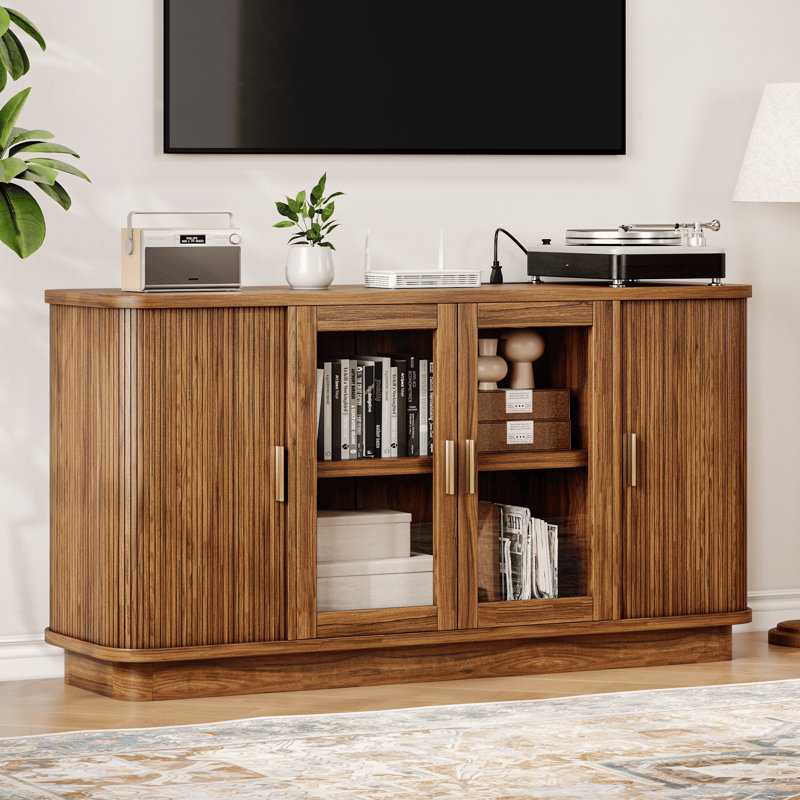 Buffet moderne 63 "avec portes en verre et portes coulissantes cannelées, armoire à café en bois, Black