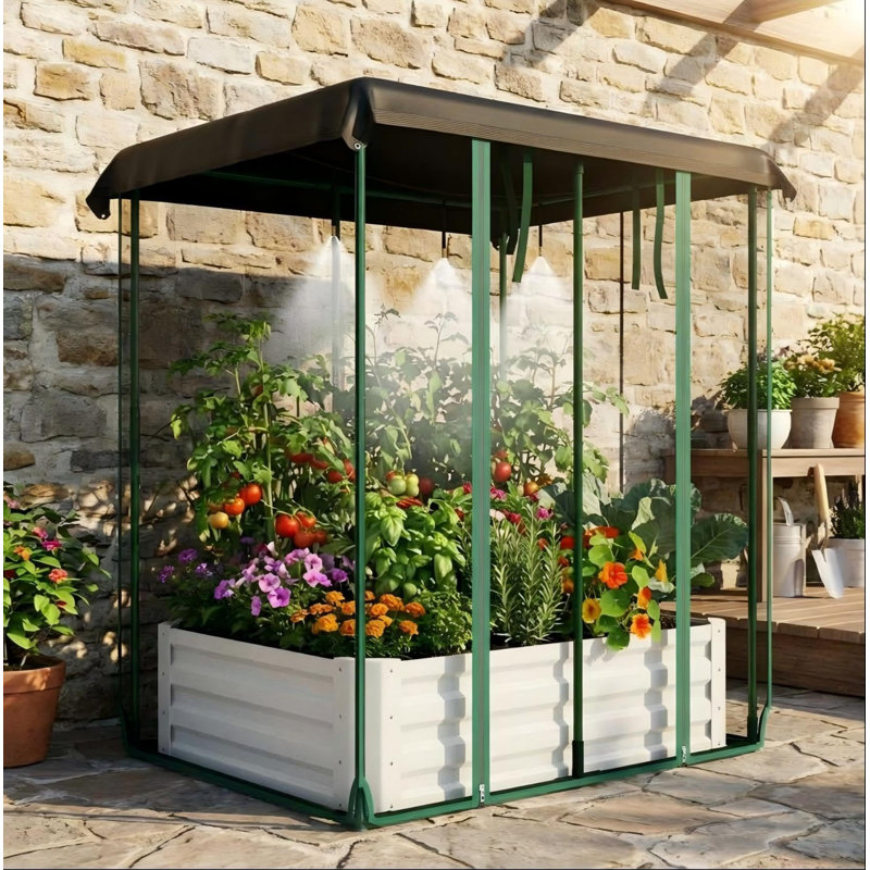 Système de lit de jardin surélevé galvanisé beige durable 3 en 1 avec écran d'ombrage pour arrosage automatique et grande boîte à fleurs en métal