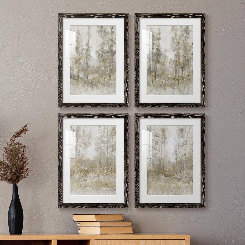 Thicket of Trees I - ensemble de 4 peintures encadrées, Cadre noir, H 24 po x l 72 po x P 1,5 po