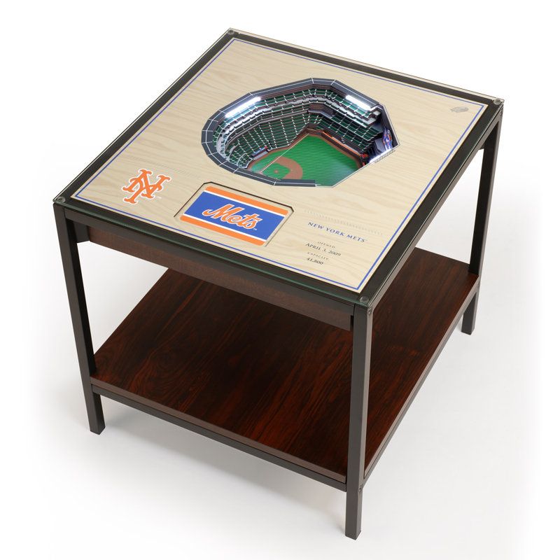 Glass Top End Table, 22.25" H x 22" W x 23" D, New York Mets, Beige/Green/Black