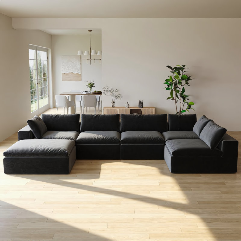 157" Oversized Modular Boneless Cloud Couch with Ottoman, No-Assembly Required for Living Rooms , Black