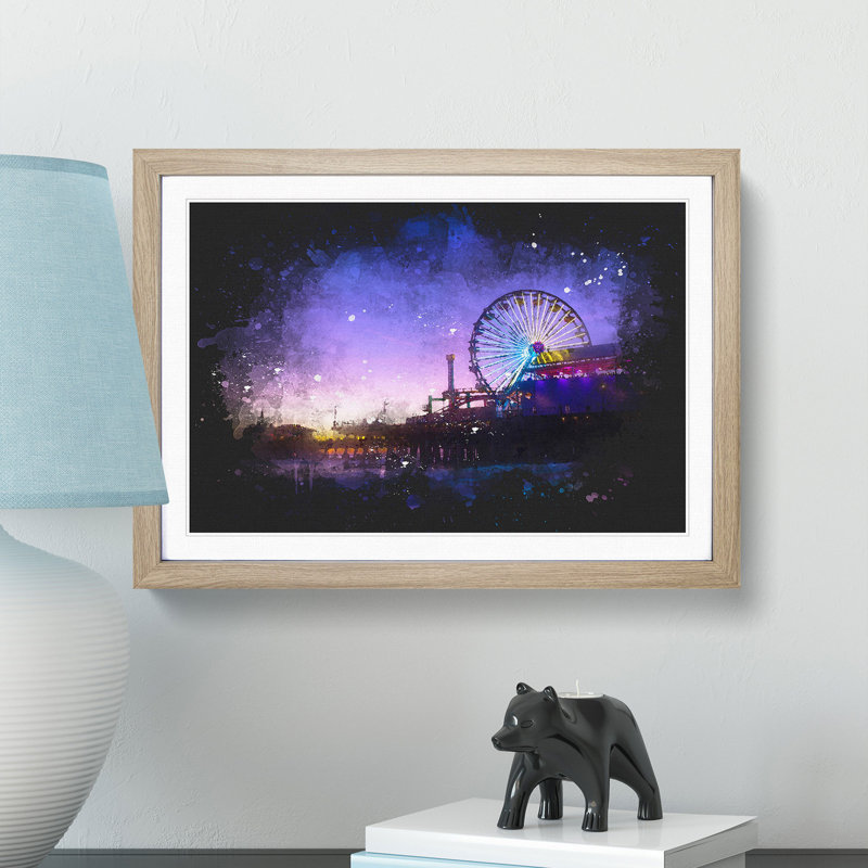 Santa Monica Pier Fairground - Picture Frame Graphic Art, Oak Framed, 24cm H x 33cm W x 2cm D