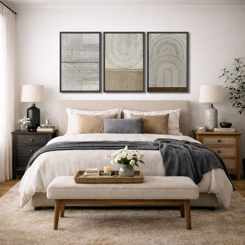 Mid Century Modern Boho "Disgressed Grunge Geometric Arch Circle Lines Artwork, Abstract Cozy Neutral Wall Pictures, Framed Canvas Giclée Print 3 Pieces Wall Art" 16"x24"x3 pcs, 24"x36"x3 pcs