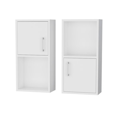 Bathroom Storage Cabinets - 2 White Wall Mounted With Open Shelf And Elegant Handles