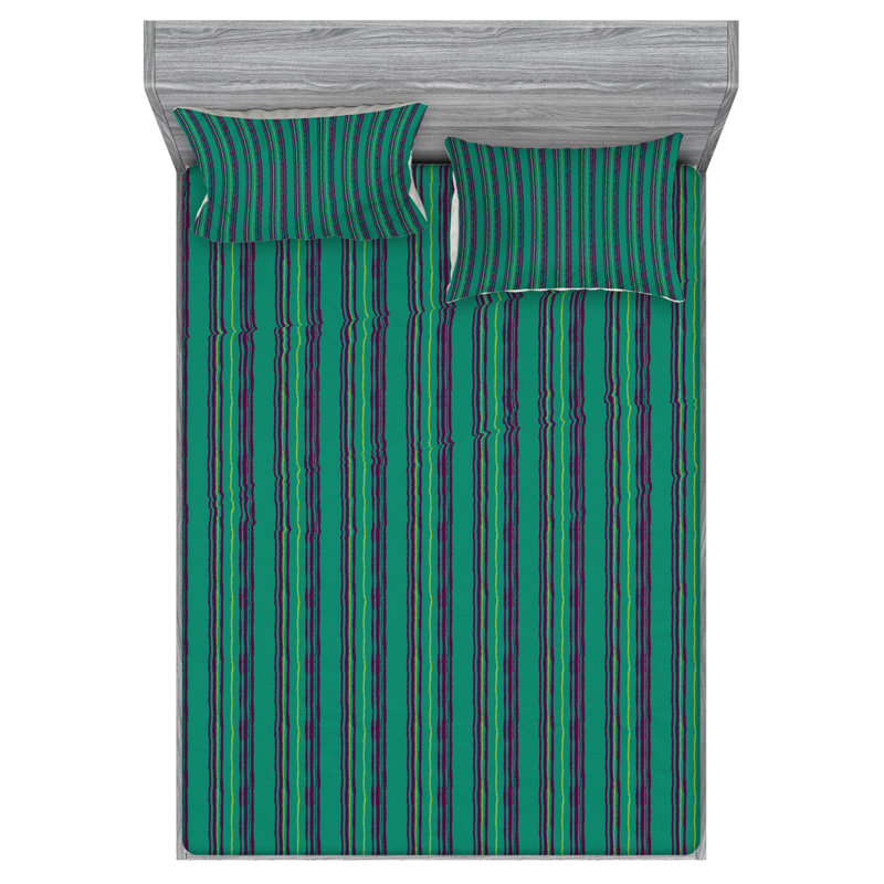 Microfiber Striped Fitted Sheet, Full Fitted Sheet with 2 Pillowcases