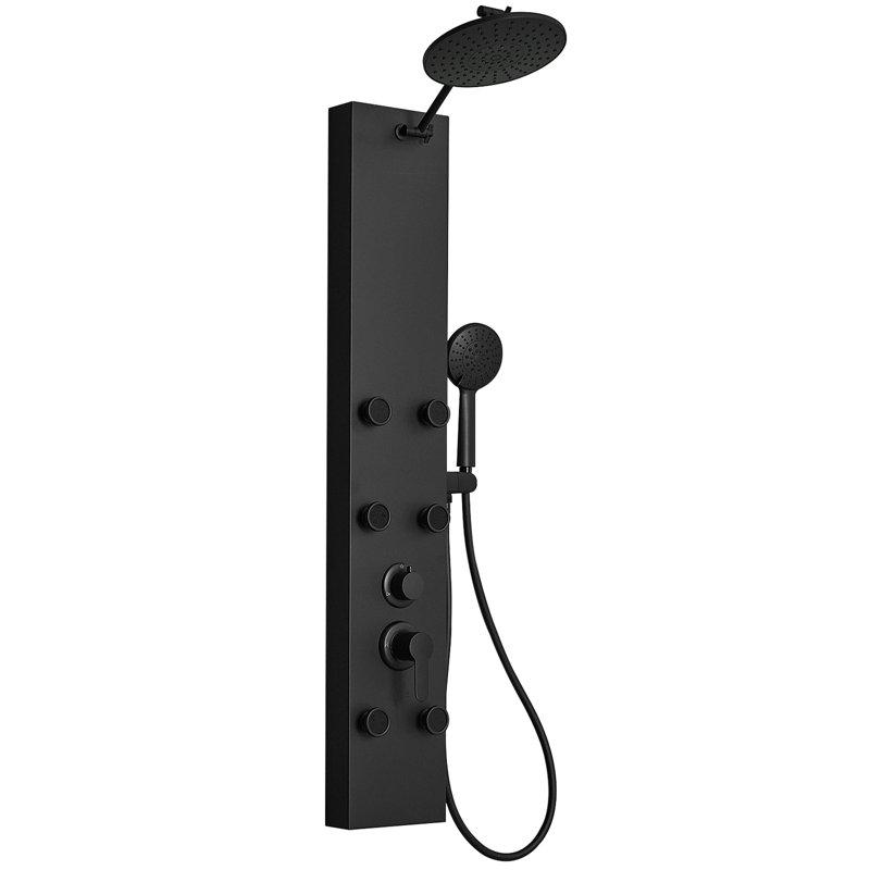 3-way Diverter Rainfall Shower Tower Panel System with Rainfall Waterfall Shower Head and Shower Wand in Matte Black