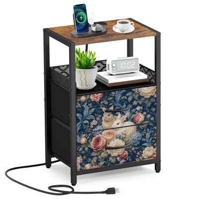 Table de chevet 2 tiroirs en tissu avec station de charge, lapins floraux rétro, couleurs pastel, table de chevet avec ports ouverts et prises USB
