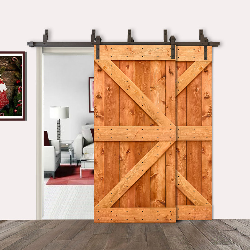 Panelled Wood and Metal Barn Door with Installation Hardware Kit, 42" x 84", Orange, Dark Coffee