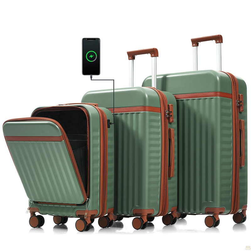 Ensemble de 3 valises, 20 pouces avec port USB, conception à ouverture frontale, bagage à main rigide certifié ABS, roues pivotantes, vert