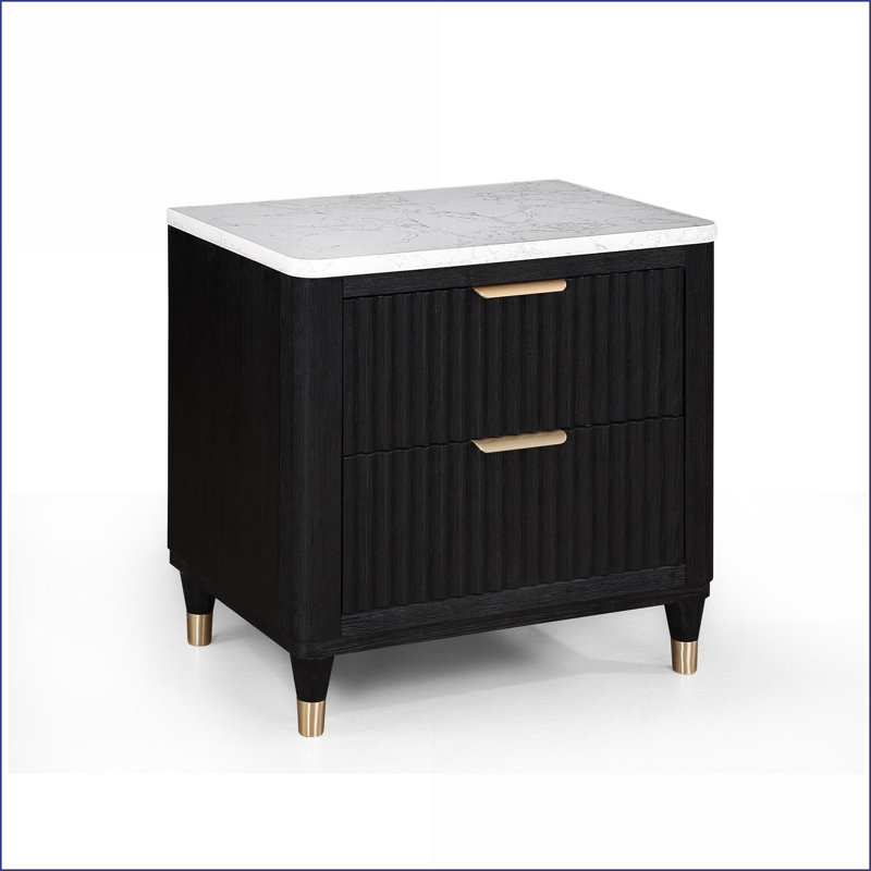 Table de chevet contemporaine à 2 tiroirs en bois noir avec plateau blanc Boutons en métal