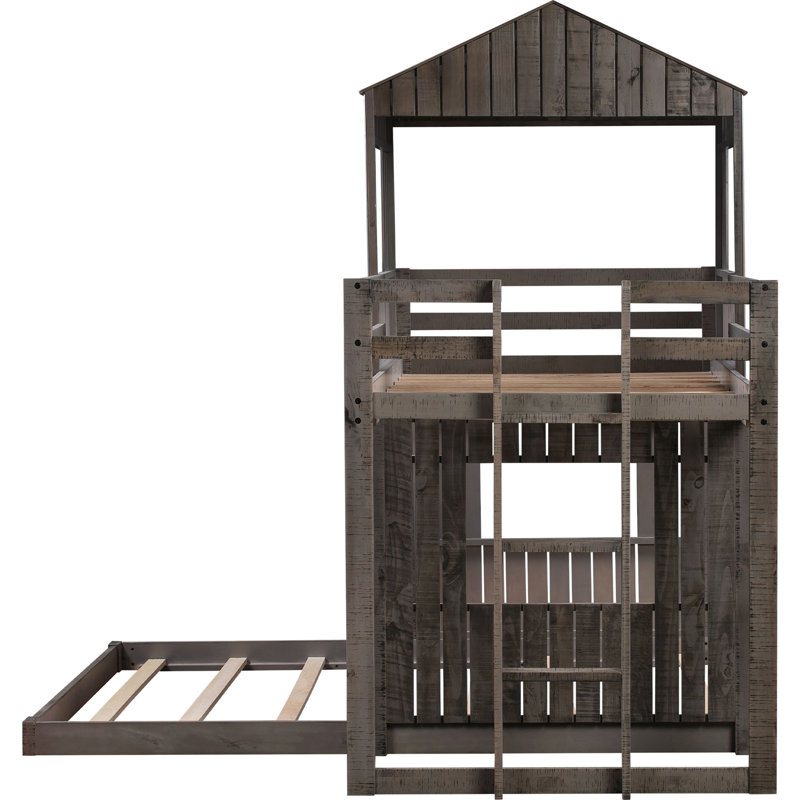 Lit superposé en bois, lit mezzanine avec maisonnette, maison de campagne, échelle et garde-corps