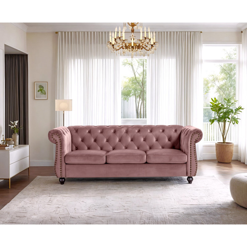 83.07'' wide velvet chesterfield design Sofa, Ivory