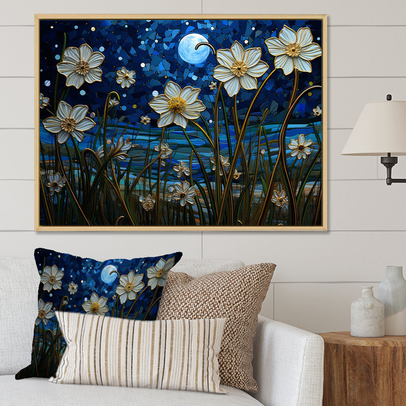 Impression sur toile Moonlight Flower Field Dreams I, H 12 po x l 20 po x P 1 po, Cadre naturel flottant
