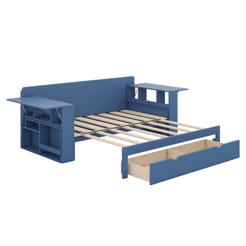Full Size Day Bed With Removable Desk, Wooden Daybed Frame With Storage Drawers & Hydraulic Side Table, Blue
