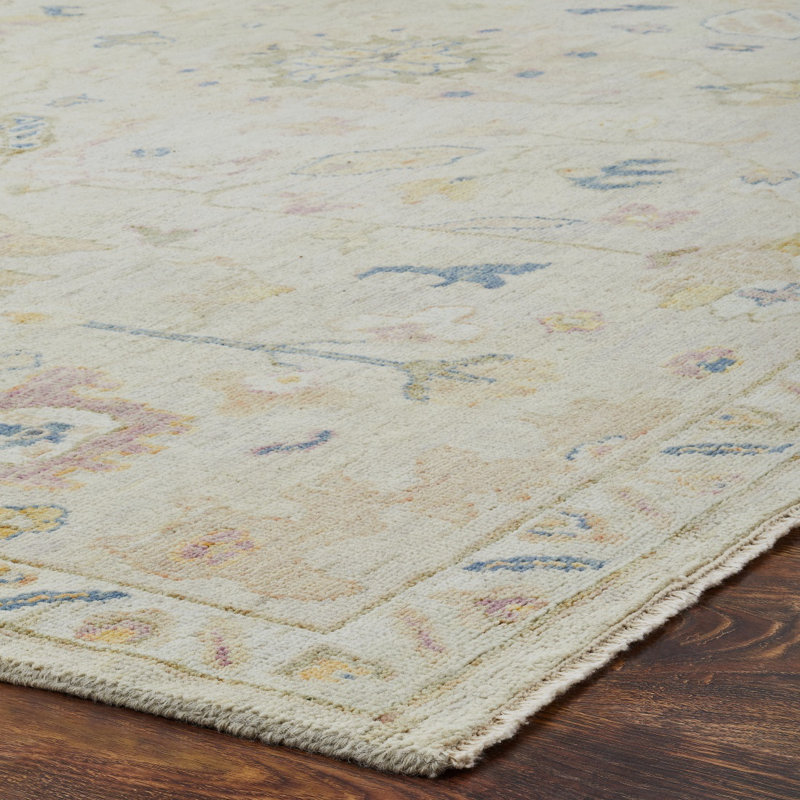 Galena Hand Knotted Wool Oriental Area Rug in Ivory; Beige; Rose; Muted Blue, Rectangle 6' x 9'