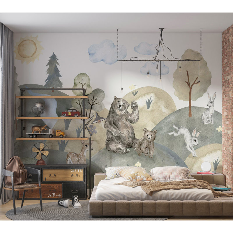 Papier peint pour enfants - Vallée avec des animaux, L 118 po x L 82 po