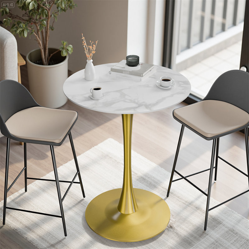 Table de bistro Sintered Stone Top, H 39,37 po x l 29,92 po x P 29,92 po, Blanc, Doré