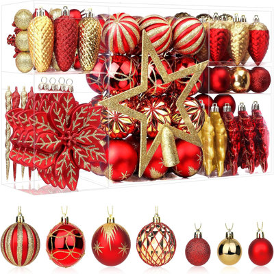 106PCS Christmas Balls Ornaments Set, for Xmas Tree Decor with Hanging Hooks, Red&Gold