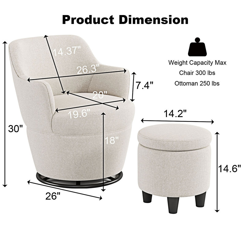 Fauteuil d'appoint pivotant avec repose-pieds, Lin de coton blanc