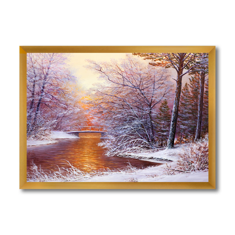 Forêt de Noël avec rivière et arbres II - peinture sur toile, H 30 po x l 40 po x 1,5 po, Cadre doré