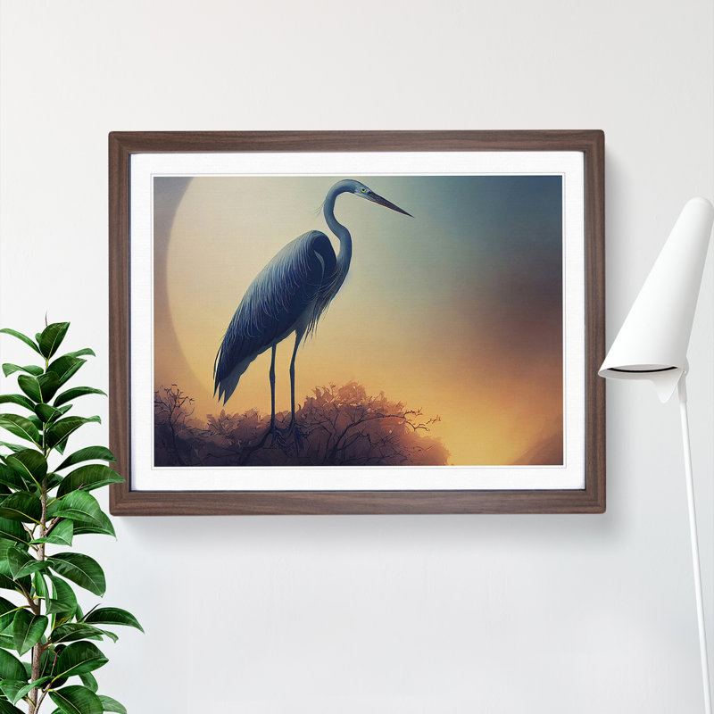 Blooming Heron Bird - Framed Print, 34cm H x 46cm W x 2cm D, Walnut