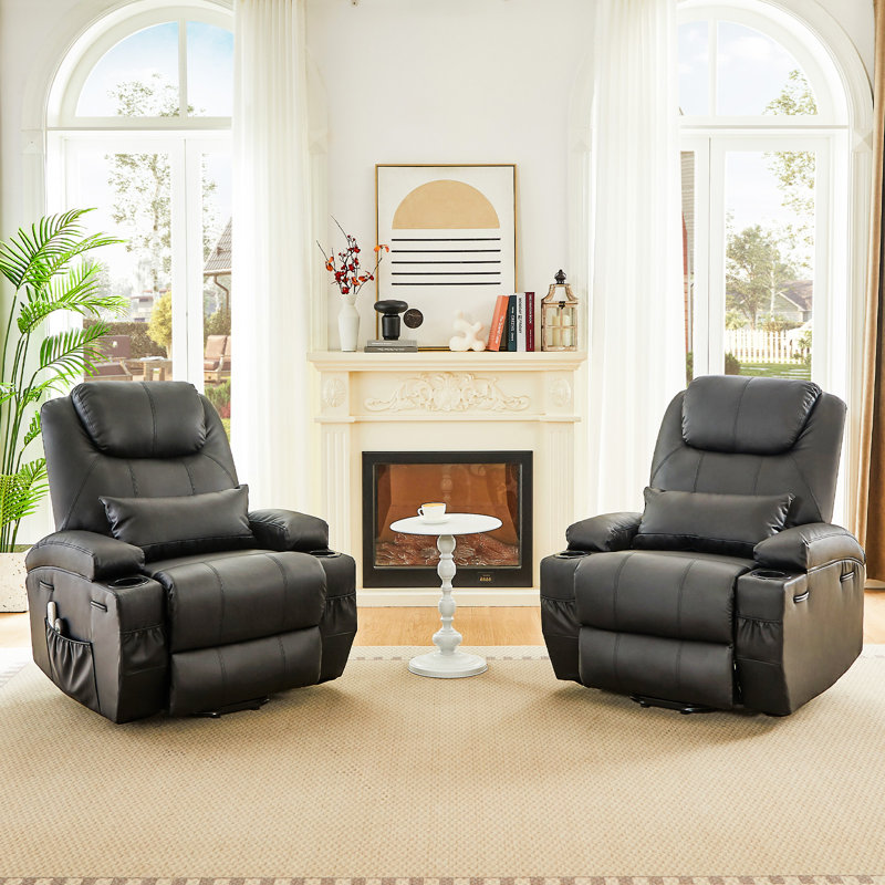 Set of 2 Power Lift Assist Recliner Chairs with Massage and Heat, 34.6" Wide Ergonomic Fax Leather Recliners with Side Pockets & Cup Holders