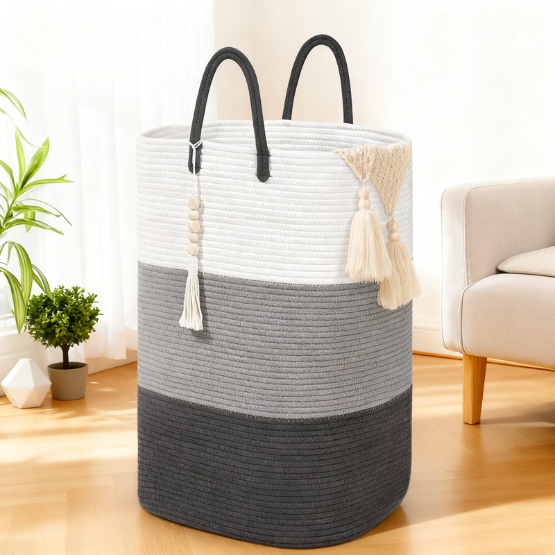 Woven Laundry Basket With Wooden Bead Tassel, Large Capacity Foldable Storage Hamper For Clothes And Toys, Breathable Cotton Organization For Bedroom And Nursery
