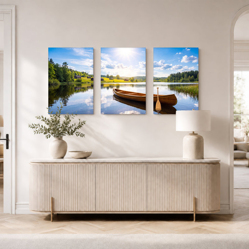 Toile en bois sur un lac calme avec Green Hills et forêt, ensemble de 3 toiles, 18"H x 12"W x 3pcs