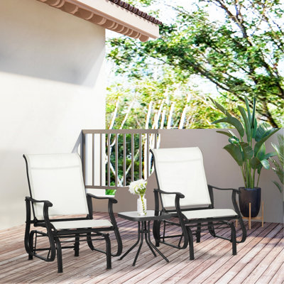 3-Piece Outdoor Gliders Set Bistro Set With Steel Frame, Tempered Glass Top Table For Patio, Garden, Backyard, Lawn, Cream White