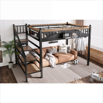 Metal and MDF Full Size Storage Loft Bed Frame with Built-In Bookshelves, Matte Black for Bedrooms Guest Rooms and Dorms